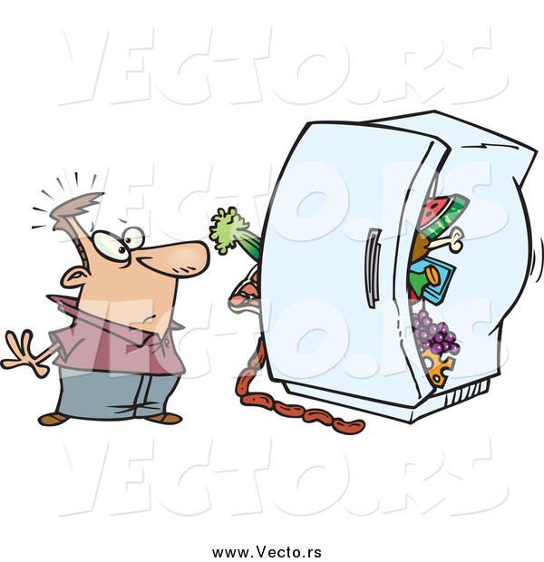 Vector of a Cartoon White Man Standing Before a Packed Refrigerator