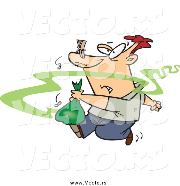 Vector of a Cartoon White Man Taking out Smelly Garbage