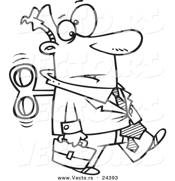 Vector of a Cartoon Wind up Businessman on Auto Pilot - Outlined Coloring Page