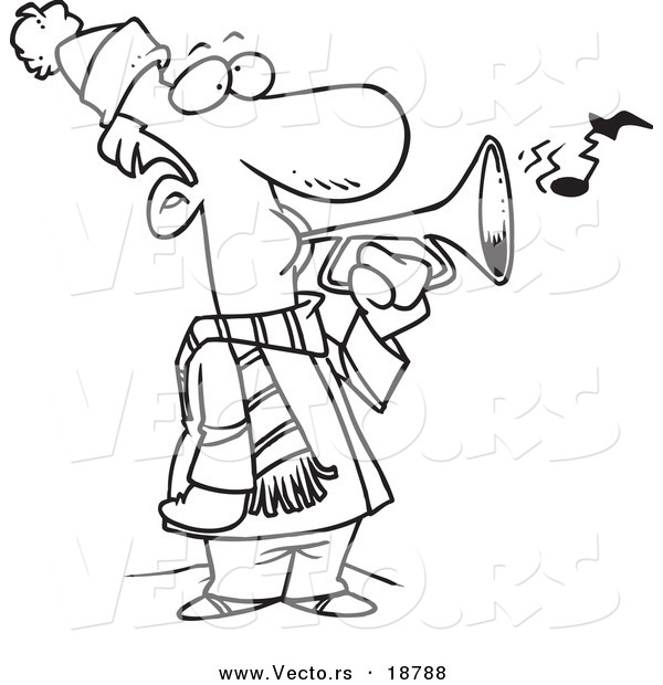 Vector of a Cartoon Winter Man Playing a Horn - Outlined Coloring Page