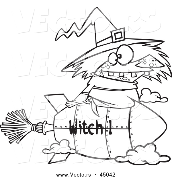 Vector of a Cartoon Witch Flying on Fast Rocket Broomstick - Outline