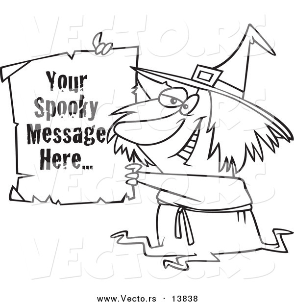 Vector of a Cartoon Witch Holding up a Piece of Paper with Sample Text - Coloring Page Outline