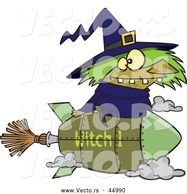 Vector of a Cartoon Witch Riding Rocket Styled Broomstick