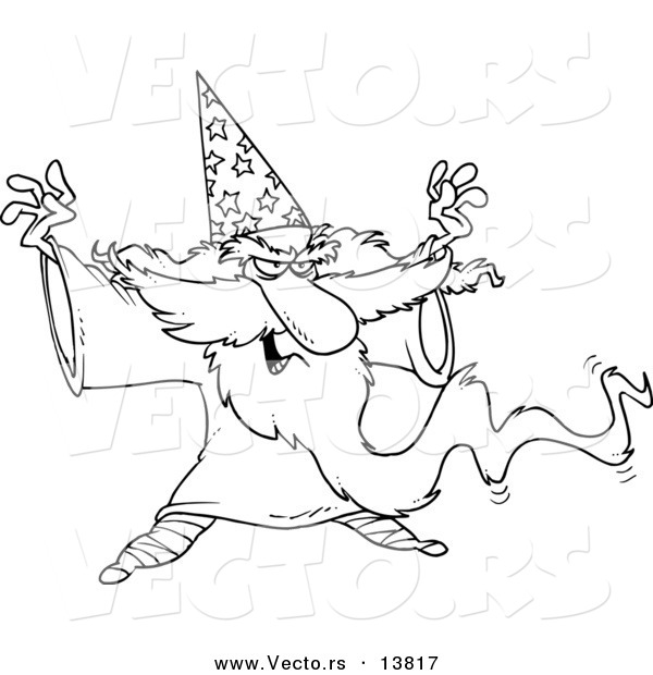 Vector of a Cartoon Wizard Casting a Spell - Coloring Page Outline
