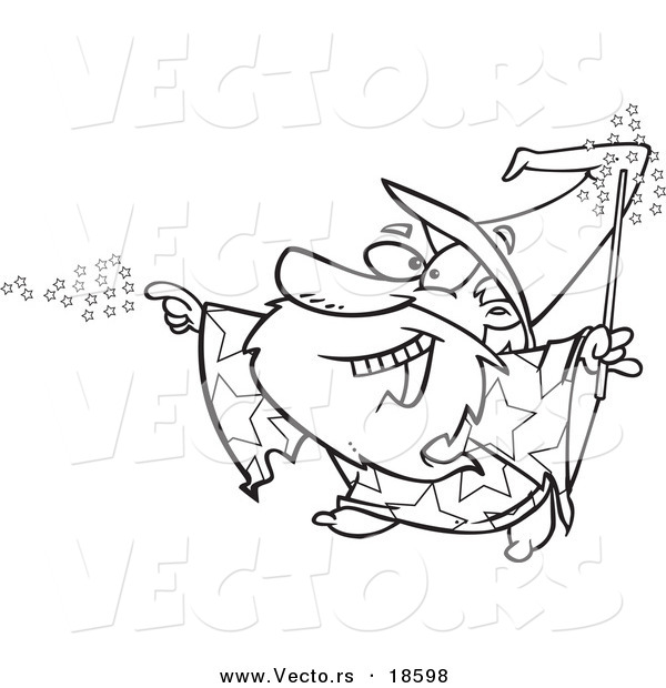 Vector of a Cartoon Wizard Using Magic - Outlined Coloring Page