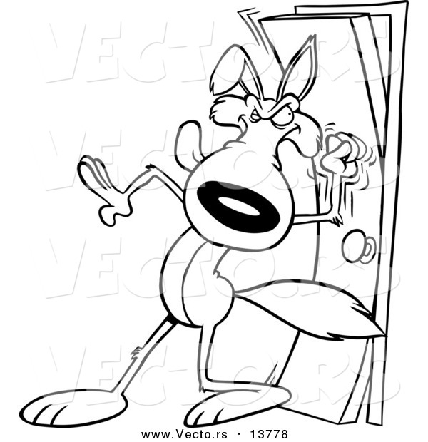 Vector of a Cartoon Wolf Knocking on a Door - Coloring Page Outline