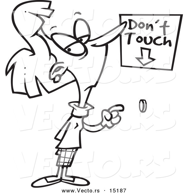 Vector of a Cartoon Woman About to Push a Restricted Button - Coloring Page Outline