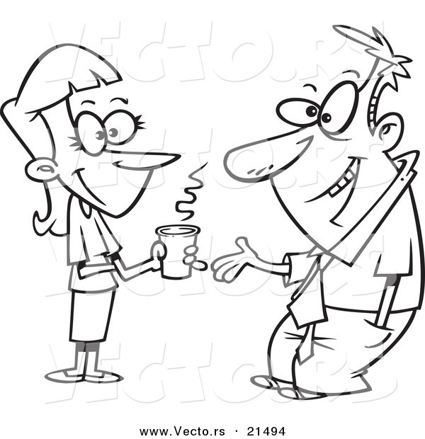 Vector of a Cartoon Woman and Businessman Having a Conversation - Outlined Coloring Page