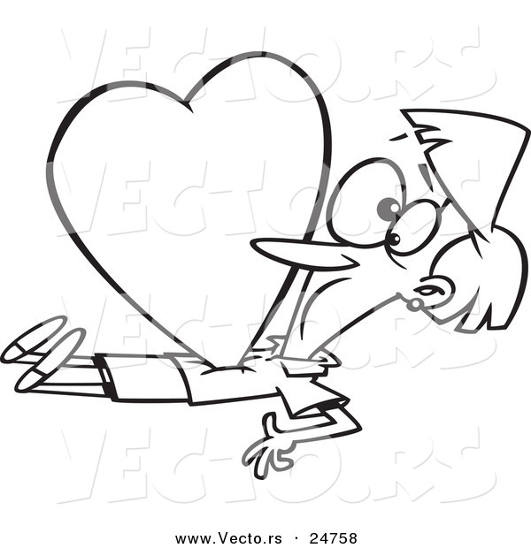 Vector of a Cartoon Woman Being Crushed with a Love Heart - Outlined Coloring Page