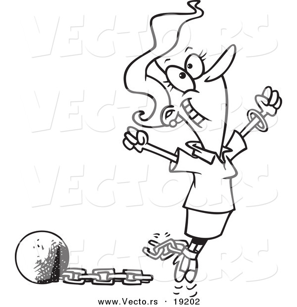 Vector of a Cartoon Woman Breaking Free from Debt - Outlined Coloring Page