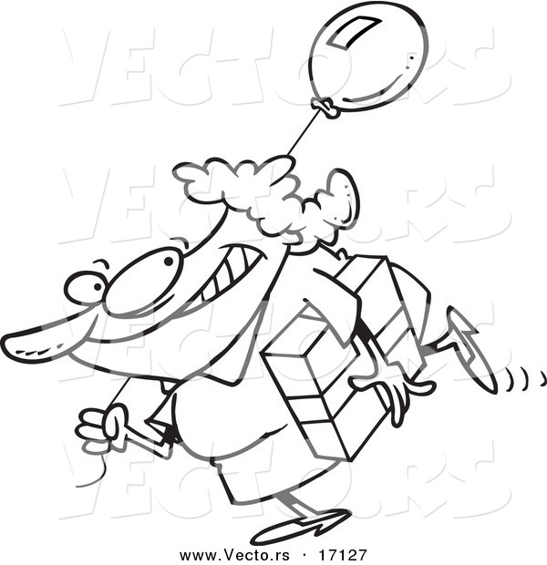 Vector of a Cartoon Woman Carrying a Birthday Gift and Balloon - Coloring Page Outline
