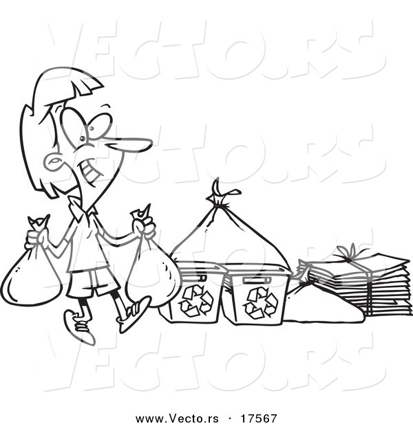 Vector of a Cartoon Woman Carrying Bags to a Recycle Center - Coloring Page Outline