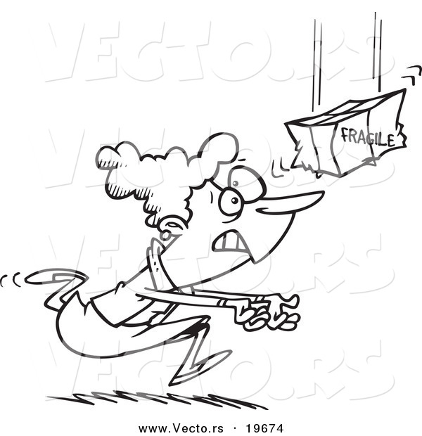Vector of a Cartoon Woman Catching a Fragile Package - Outlined Coloring Page