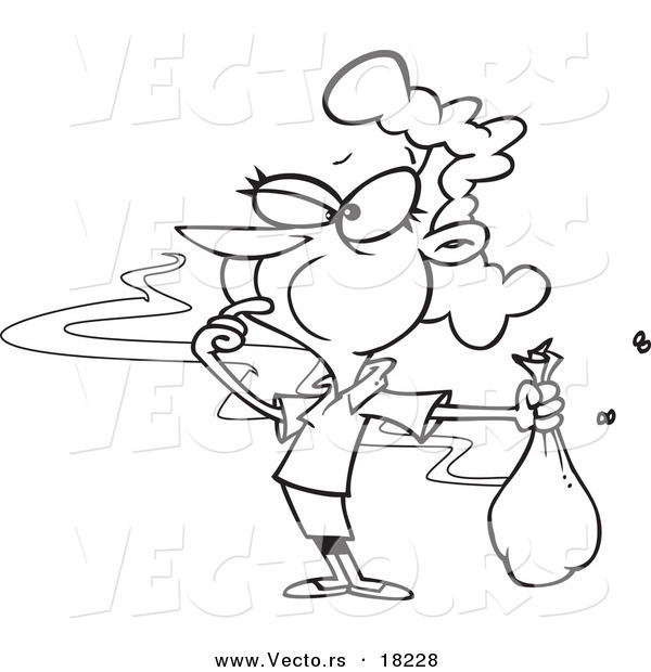 Vector of a Cartoon Woman Catching a Whiff of Ripe Garbage - Outlined Coloring Page