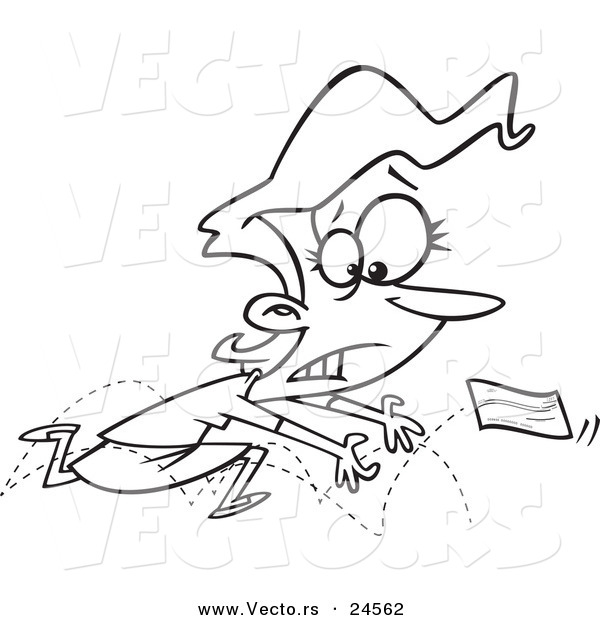 Vector of a Cartoon Woman Chasing a Bounced Check - Outlined Coloring Page
