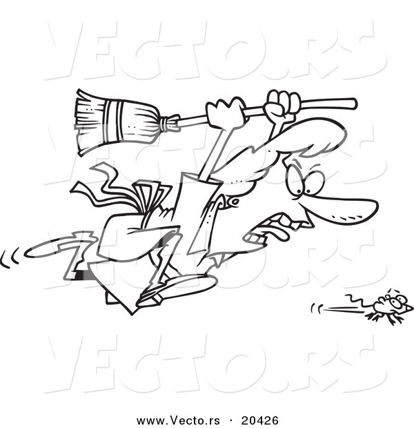 Vector of a Cartoon Woman Chasing a Mouse - Coloring Page Outline