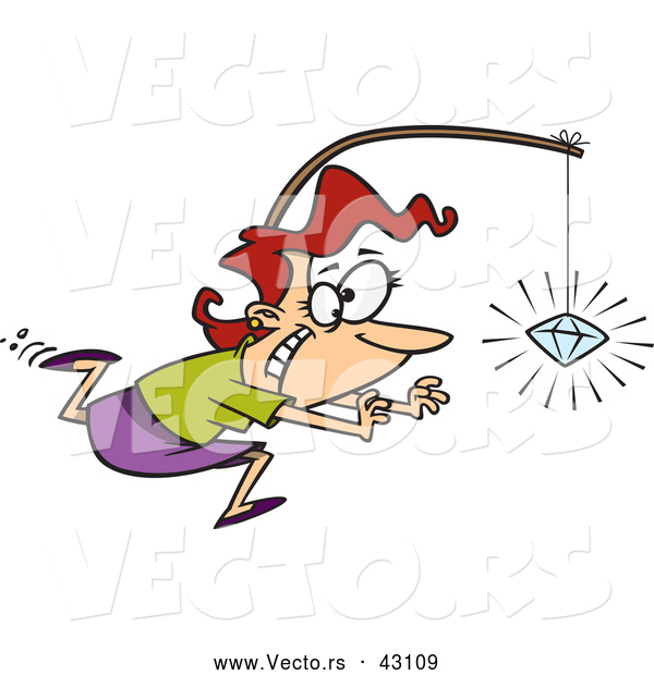 Vector of a Cartoon Woman Chasing an Expensive Sparkling Diamond on a Stick