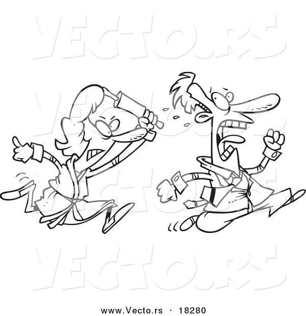 Vector of a Cartoon Woman Chasing Her Husband with a Rolling Pin - Outlined Coloring Page