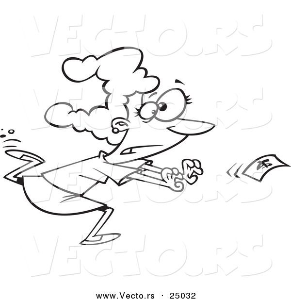 Vector of a Cartoon Woman Chasing Money - Outlined Coloring Page