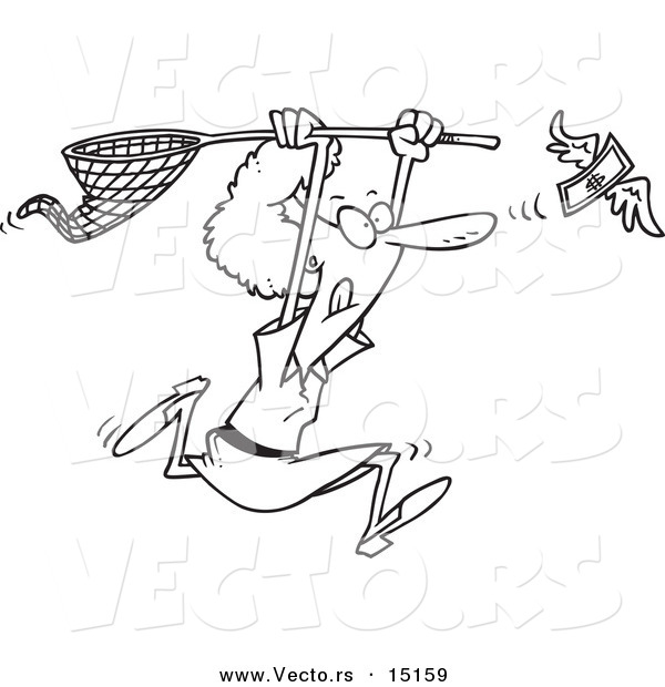 Vector of a Cartoon Woman Chasing Money with a Net - Coloring Page Outline
