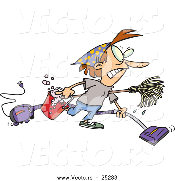 Vector of a Cartoon Woman Cleaning House Aggressively