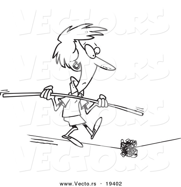 Vector of a Cartoon Woman Coming Across a Dilemma on a Tight Rope - Outlined Coloring Page