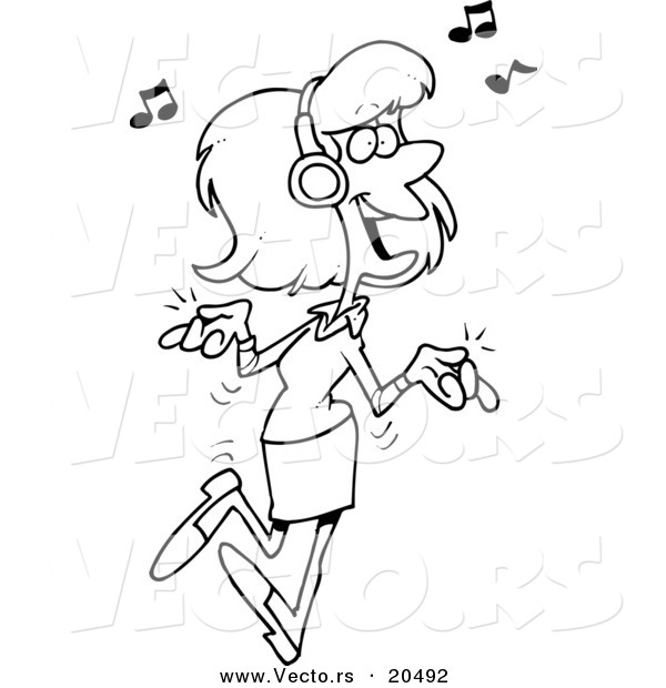 Vector of a Cartoon Woman Dancing and Listening to Music - Coloring Page Outline