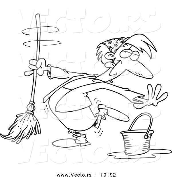 Vector of a Cartoon Woman Dancing and Mopping - Outlined Coloring Page