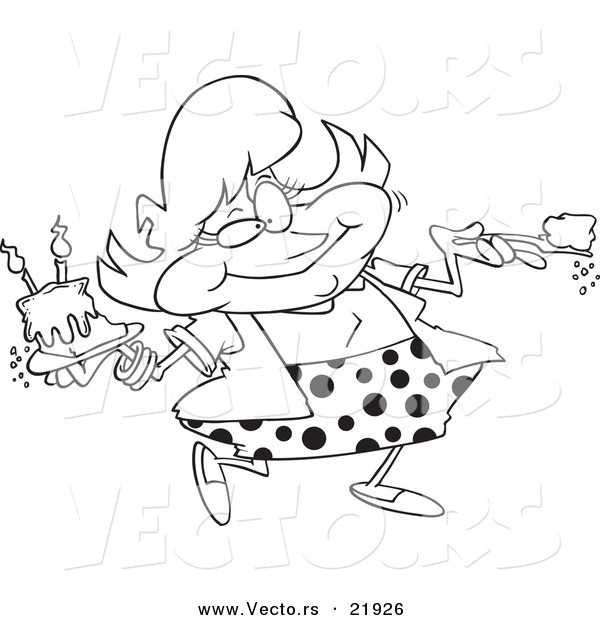 Vector of a Cartoon Woman Eating Birthday Cake - Outlined Coloring Page