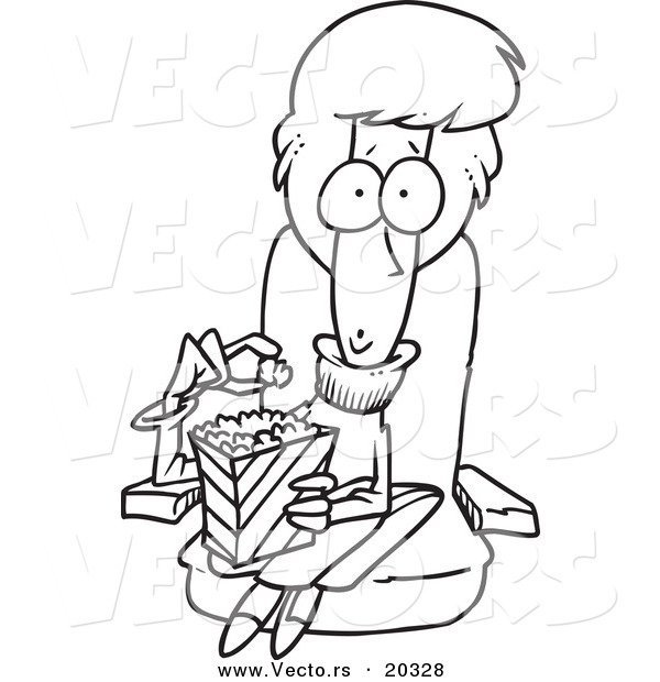 Vector of a Cartoon Woman Eating Popcorn and Watching a Chick Flick - Coloring Page Outline