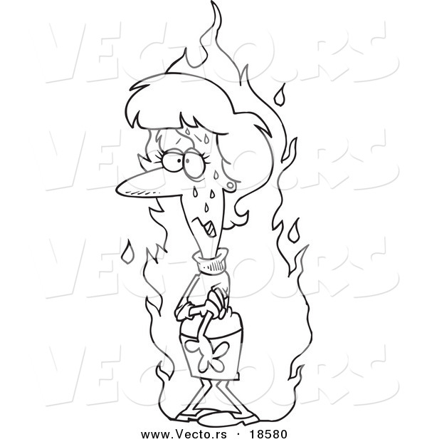 Vector of a Cartoon Woman Experiencing a Hot Flash - Outlined Coloring Page