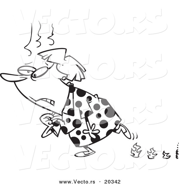 Vector of a Cartoon Woman Experiencing Hot Flashes and Leaving Flame Steps - Coloring Page Outline