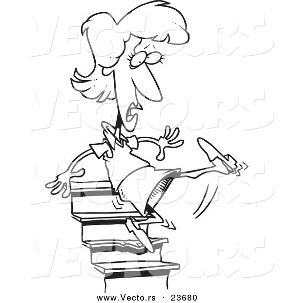 Vector of a Cartoon Woman Falling down Stairs - Coloring Page Outline