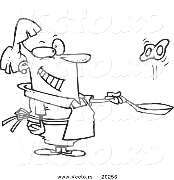 Vector of a Cartoon Woman Flipping Eggs in a Frying Pan - Outlined Coloring Page