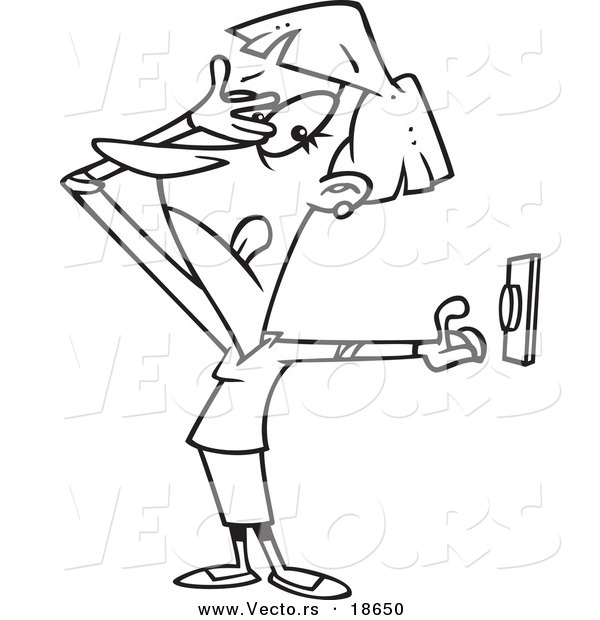 Vector of a Cartoon Woman Hesitating to Push a Button - Outlined Coloring Page