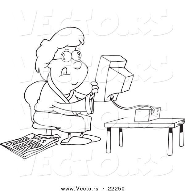 Vector of a Cartoon Woman Holding a Computer Monitor and Searching - Outlined Coloring Page