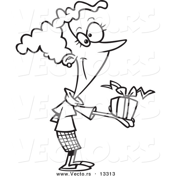 Vector of a Cartoon Woman Holding a Gift Box - Coloring Page Outline