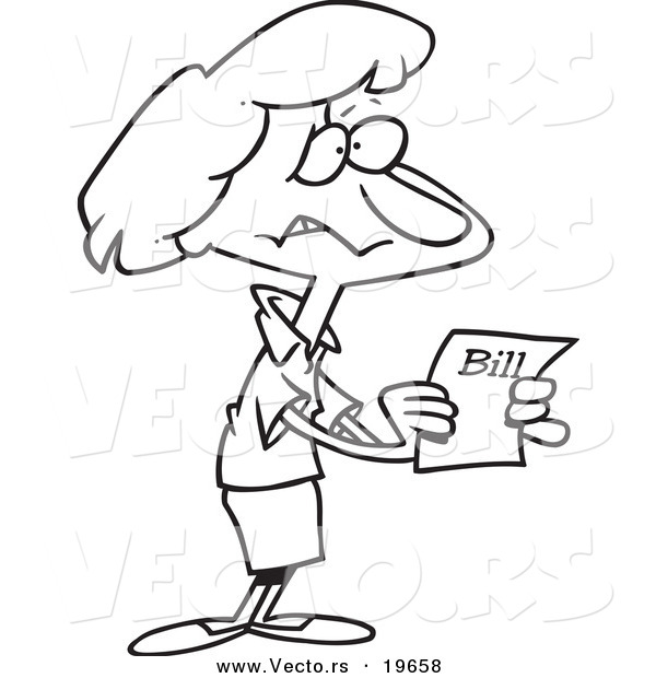 Vector of a Cartoon Woman Holding a past Due Bill - Outlined Coloring Page