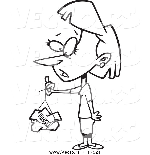 Vector of a Cartoon Woman Holding a Trashed Fragile Package - Coloring Page Outline