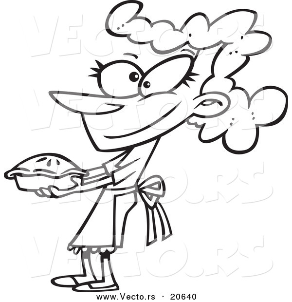 Vector of a Cartoon Woman Holding out a Fresh Pie - Coloring Page Outline