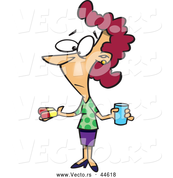 Vector of a Cartoon Woman Holding Pills and a Glass of Water