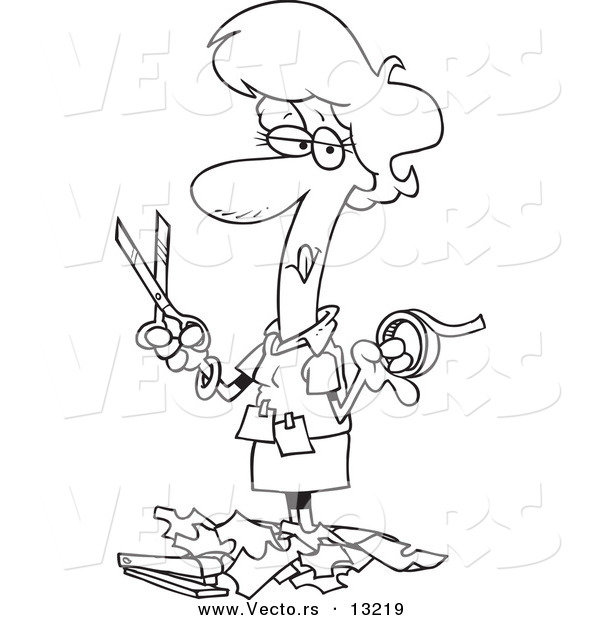 Vector of a Cartoon Woman Holding Tape and Scissors and Standing in Paper Scraps - Coloring Page Outline