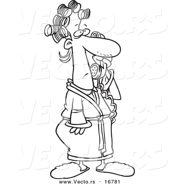 Vector of a Cartoon Woman in Curlers and Her Robe, Answering a Phone Call - Coloring Page Outline