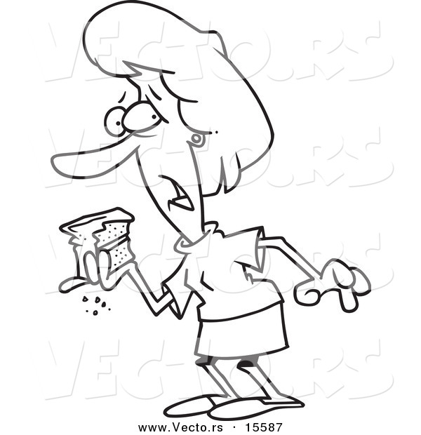 Vector of a Cartoon Woman Indulging in Cake - Coloring Page Outline