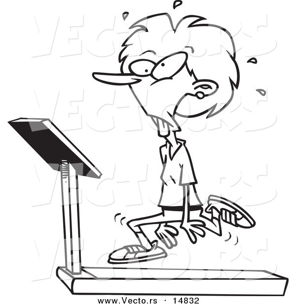 Vector of a Cartoon Woman Jogging on a Treadmill - Coloring Page Outline
