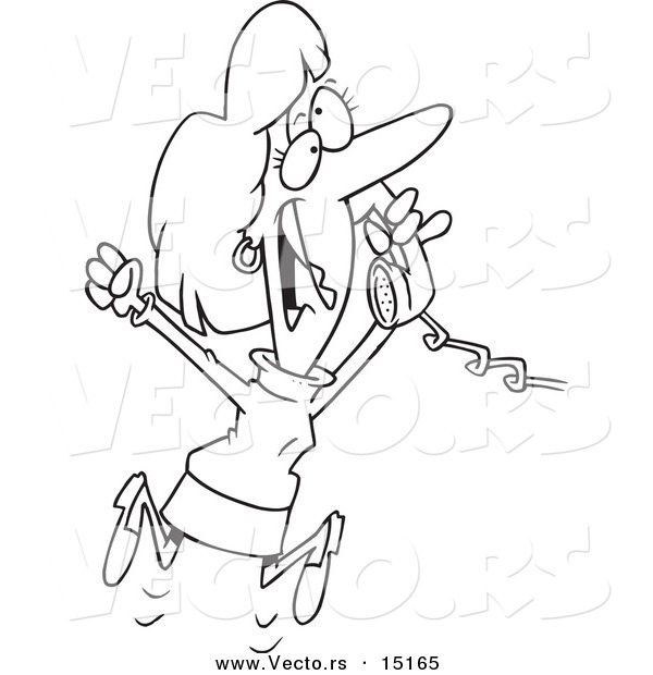 Vector of a Cartoon Woman Jumping and Hearing Happy News on the Phone - Coloring Page Outline