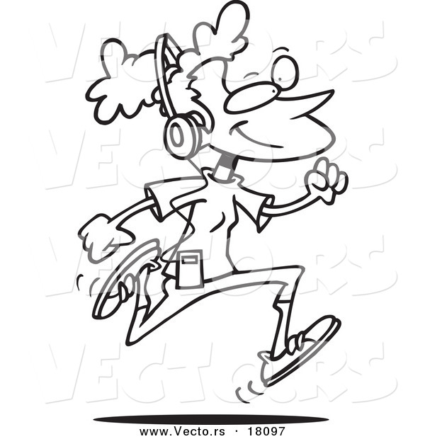 Vector of a Cartoon Woman Listening to Music and Running - Outlined Coloring Page