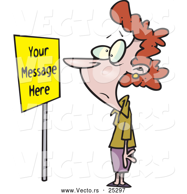 Vector of a Cartoon Woman Looking at a Yellow Advertisement Sign with "Your Message Here"