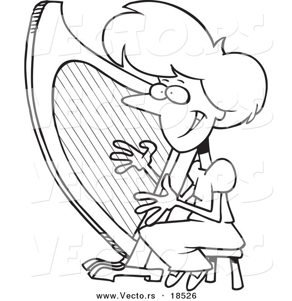 Vector of a Cartoon Woman Playing a Harp - Outlined Coloring Page