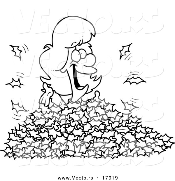 Vector of a Cartoon Woman Playing in Leaves - Outlined Coloring Page